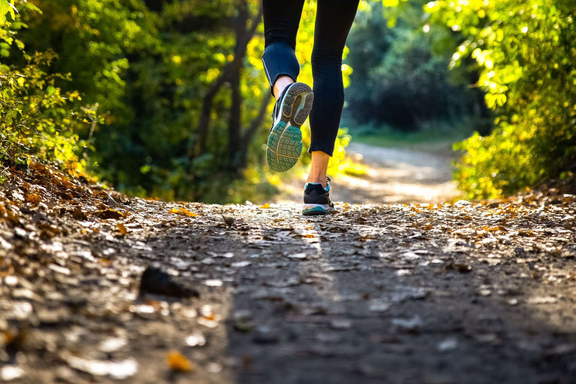 女性跑步者的腿在大自然的小径上运动。