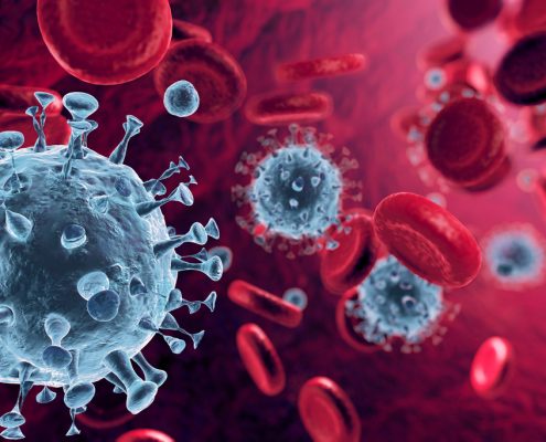 冠状病毒在红色动脉 - 微生物学和病毒学概念 -  3D渲染